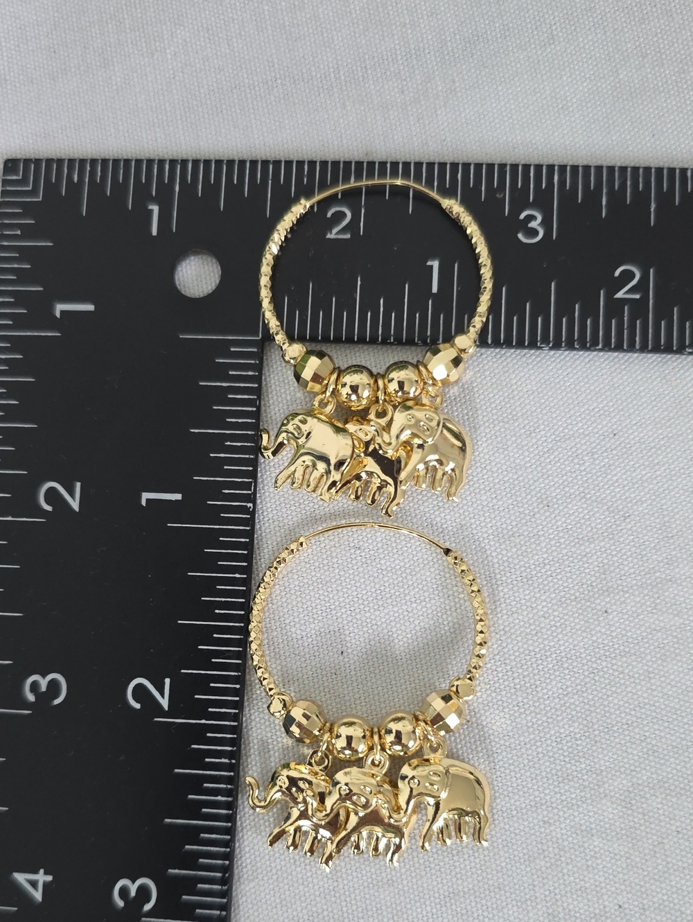 Boho Diamond Cut Gold Filled Hoop Earrings with Dangle Elephant Charms - Picture 8 of 8